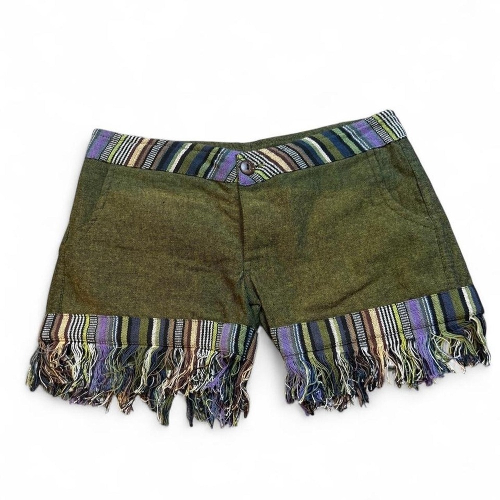 Gypsy Rose boho hippie olive green multicolor fringe cotton shorts size 30x4‎